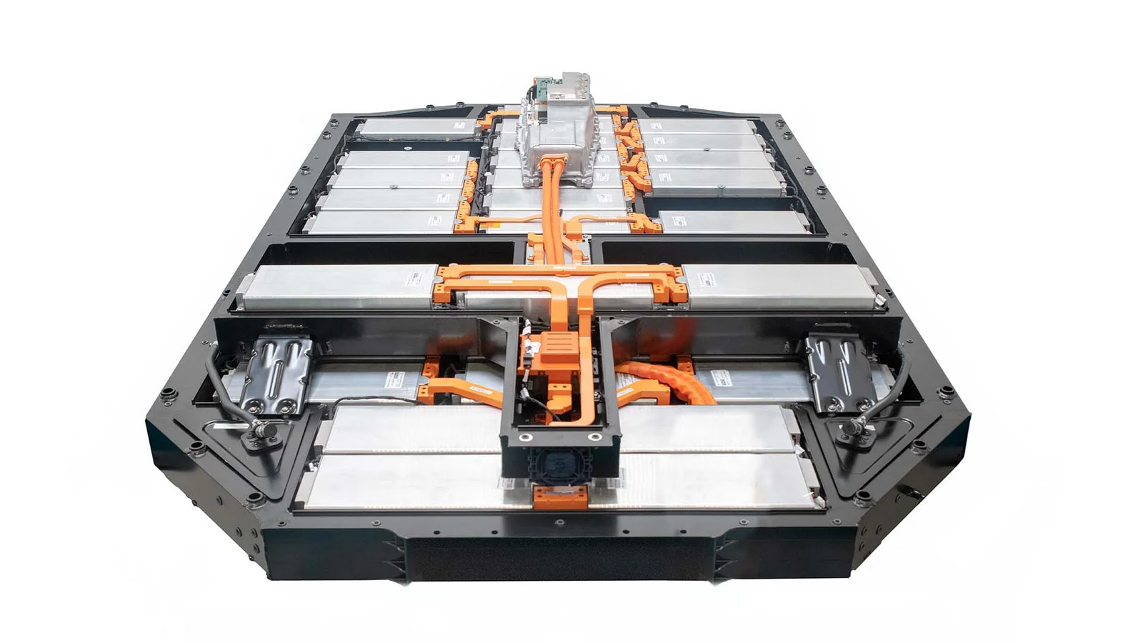 A complete grey battery of an electric car with orange components.