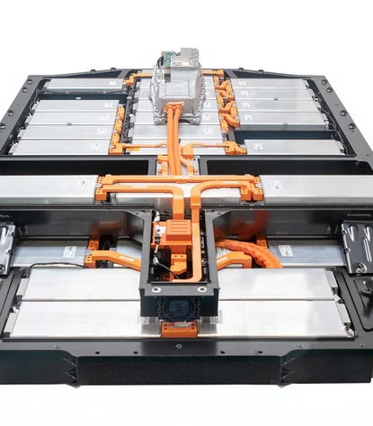A complete grey battery of an electric car with orange components.