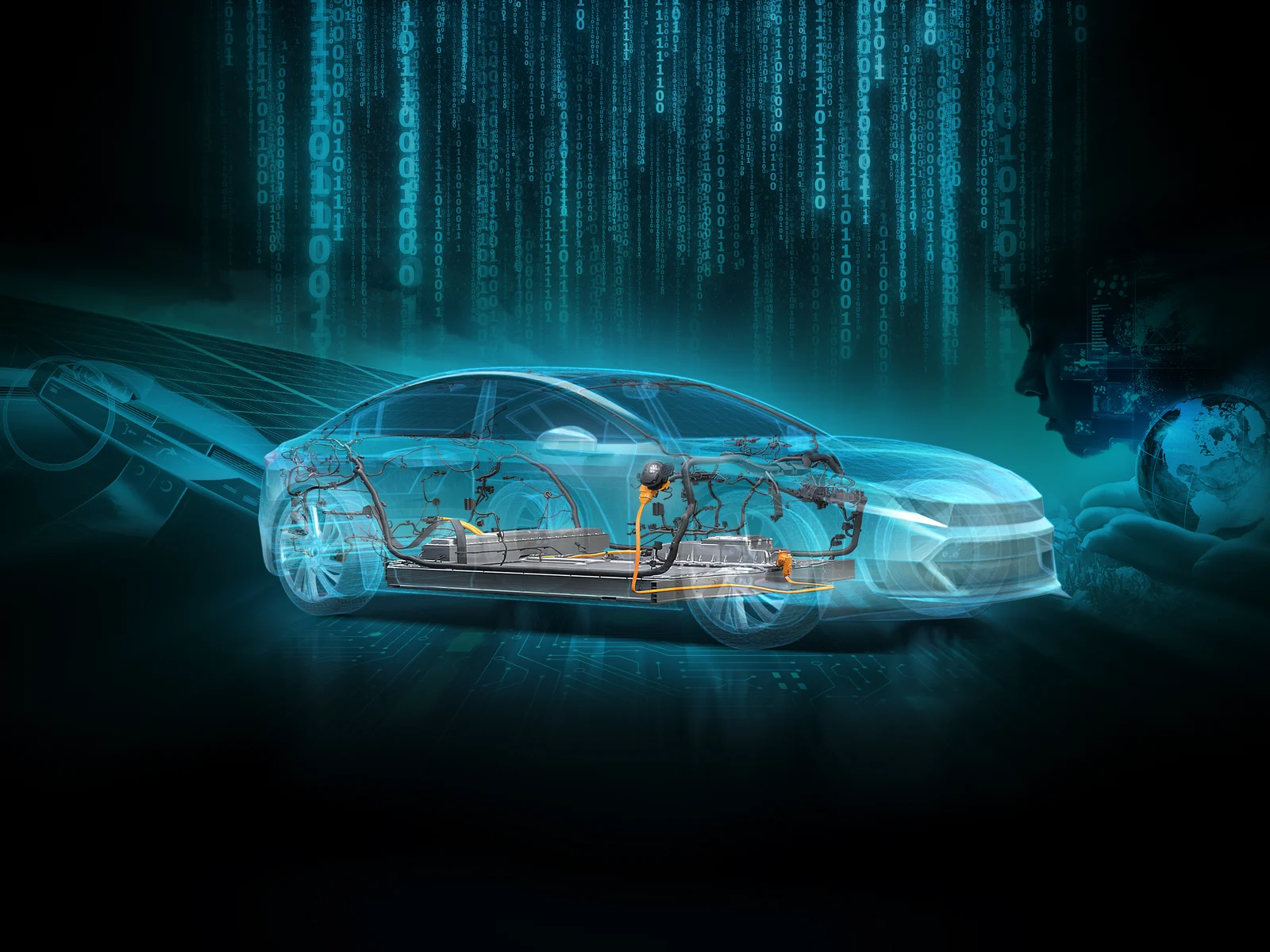 A transparent car with visible internal components and circuits, surrounded by digital data streams.