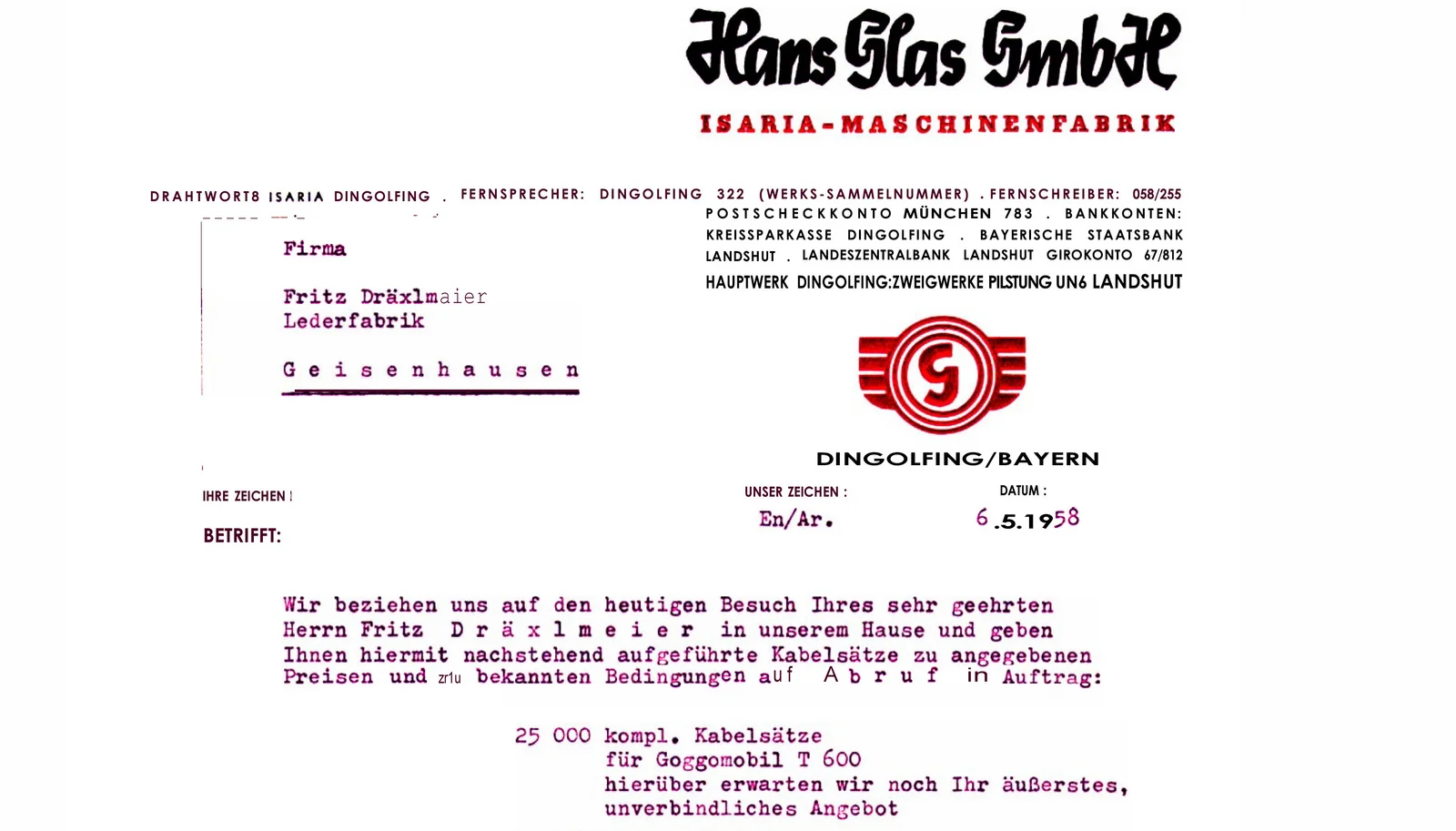 Ein Schriftstück aus 1958 des ersten Auftrages für Leistungssätze ist zu sehen.