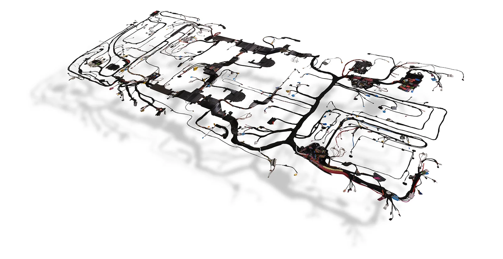 A detailed picture of a modern wiring system showing the complex cabling and electronic components.