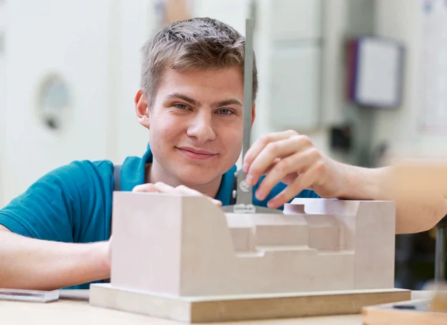 Ein Auszubildender bei DRÄXLMAIER in Vilsbiburg lächelt in die Kamera, und hält ein Werkstück in der Hand.