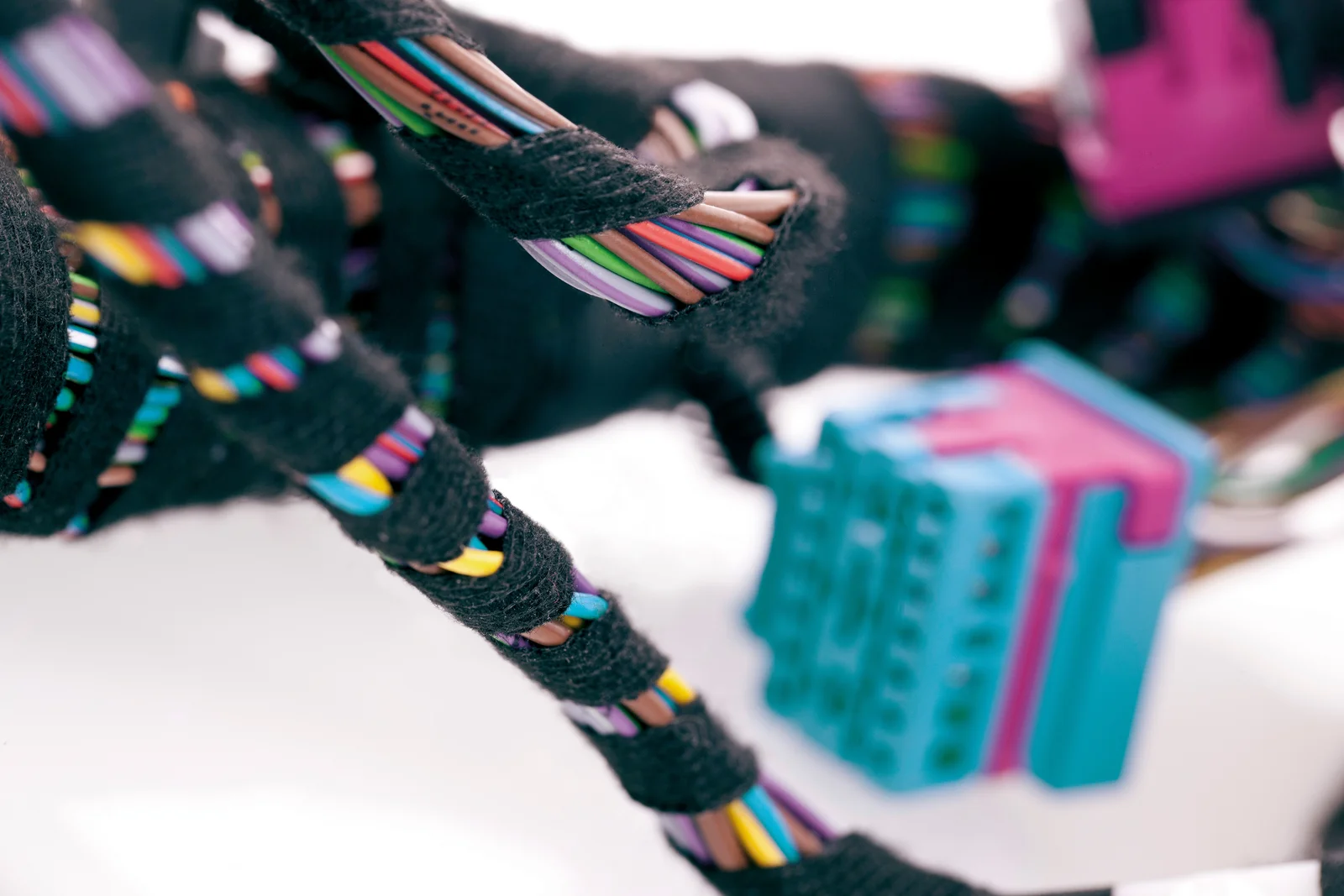 Close-up of the customized wiring harness. 