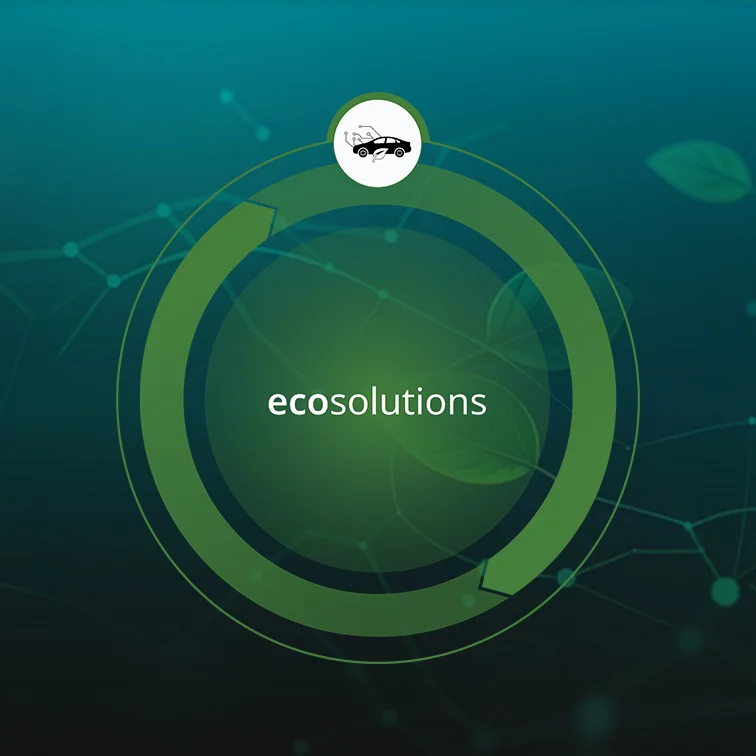 Eine Grafik zum Thema "Nachhaltige Lösungen" mit Symbolen für Energie, Mobilität und Digitalisierung vor Naturhintergrund.