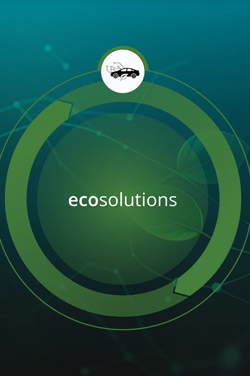 Eine Grafik zum Thema "Nachhaltige Lösungen" mit Symbolen für Energie, Mobilität und Digitalisierung vor Naturhintergrund.