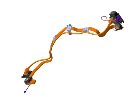 An orange-coloured cable with several connectors and a small blue plug at the end.