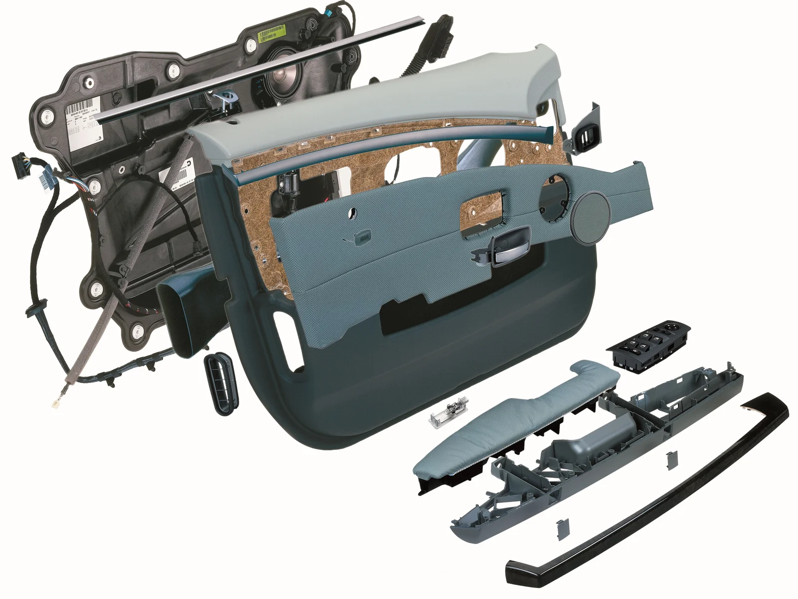 The picture shows the components of an E65 BMW door. 