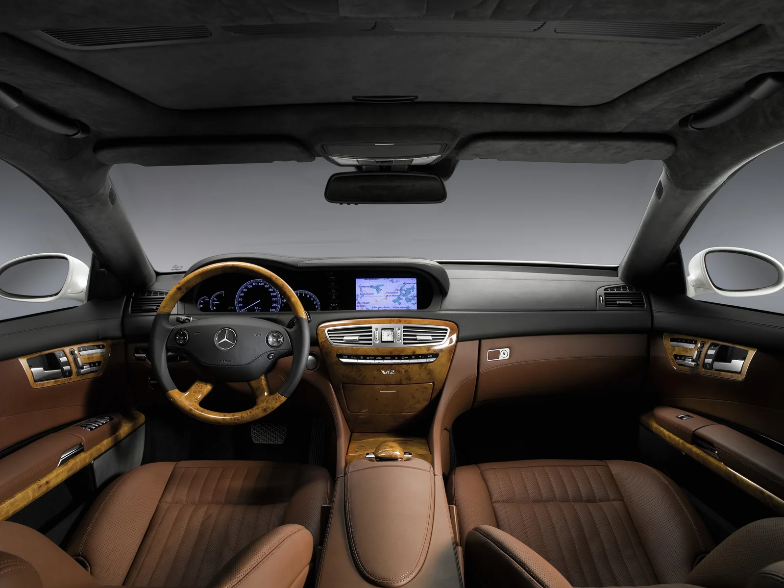 Shows a brown cockpit of a Mercedes Benz CL-Class.