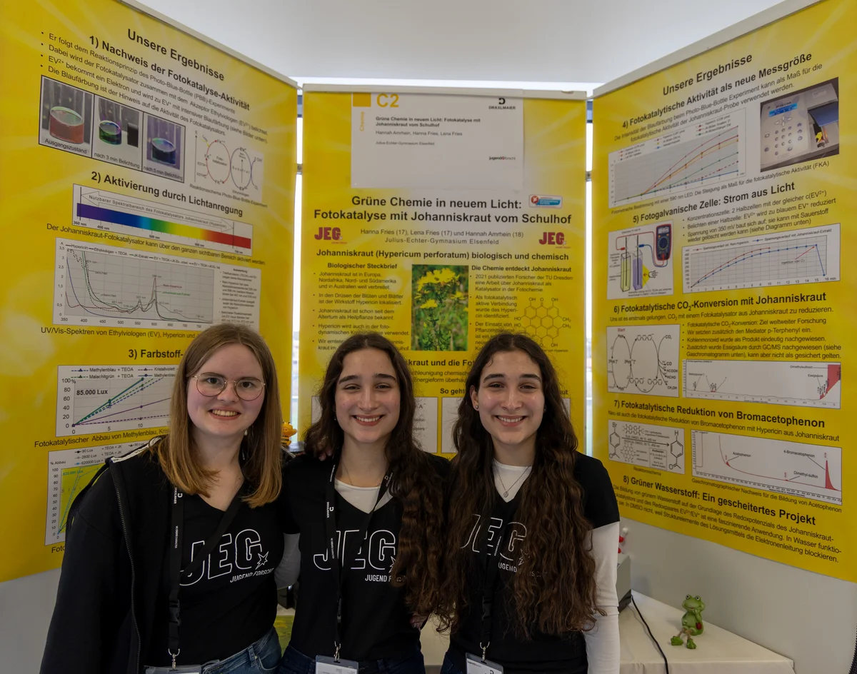 Von links: Hannah Amrhein, Hanna Fries und Lena Fries: Grüne Chemie in neuem Licht: Fotokatalyse mit Johanniskraut vom Schulhof