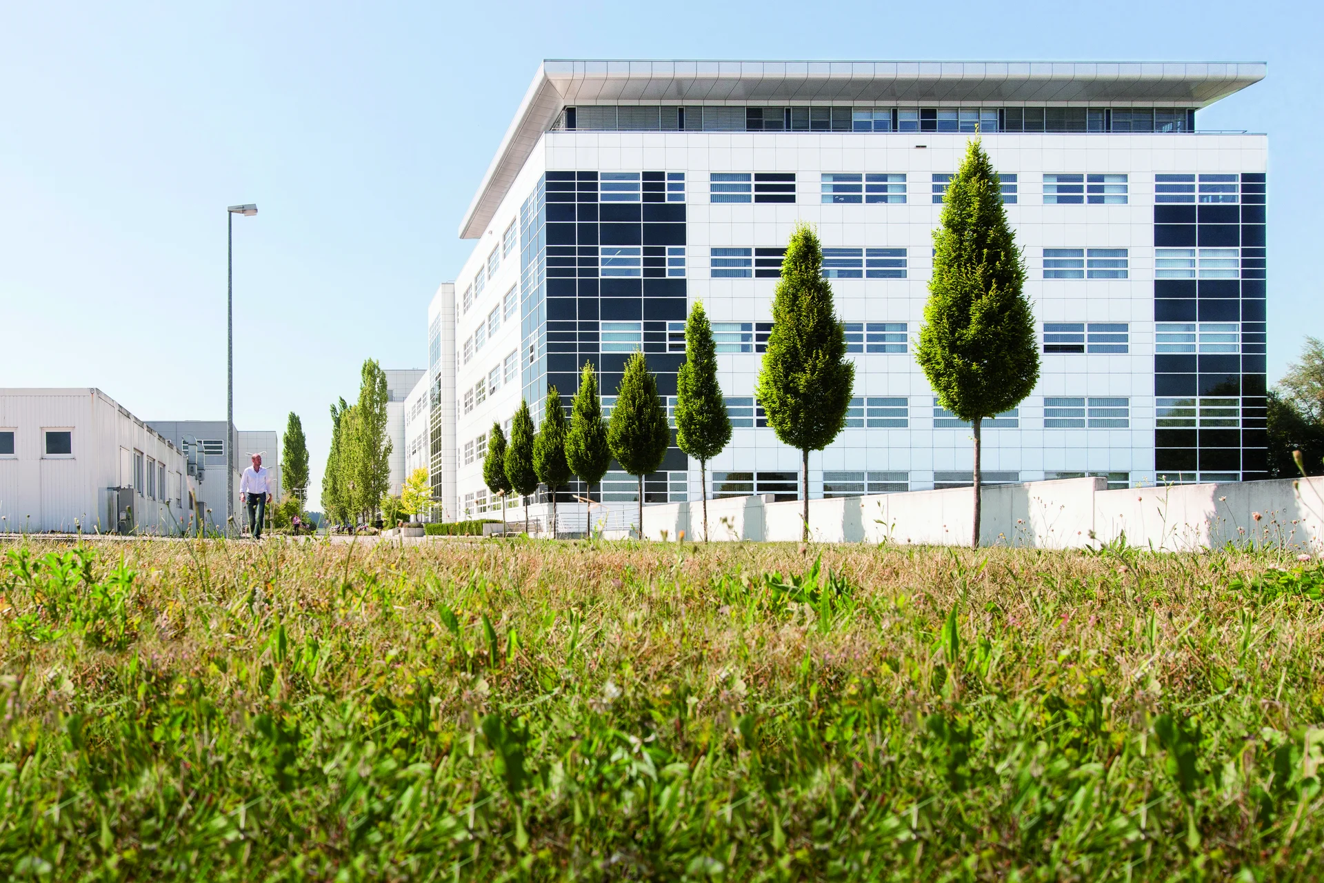A DRÄXLMAIER building at the headquarters in Vilsbiburg. In the foreground are trees and a green area.
