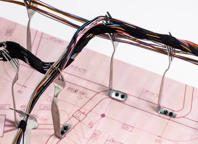Eine Nahaufnahme, in der Kabel über sechs Gabeln gespannt werden. 