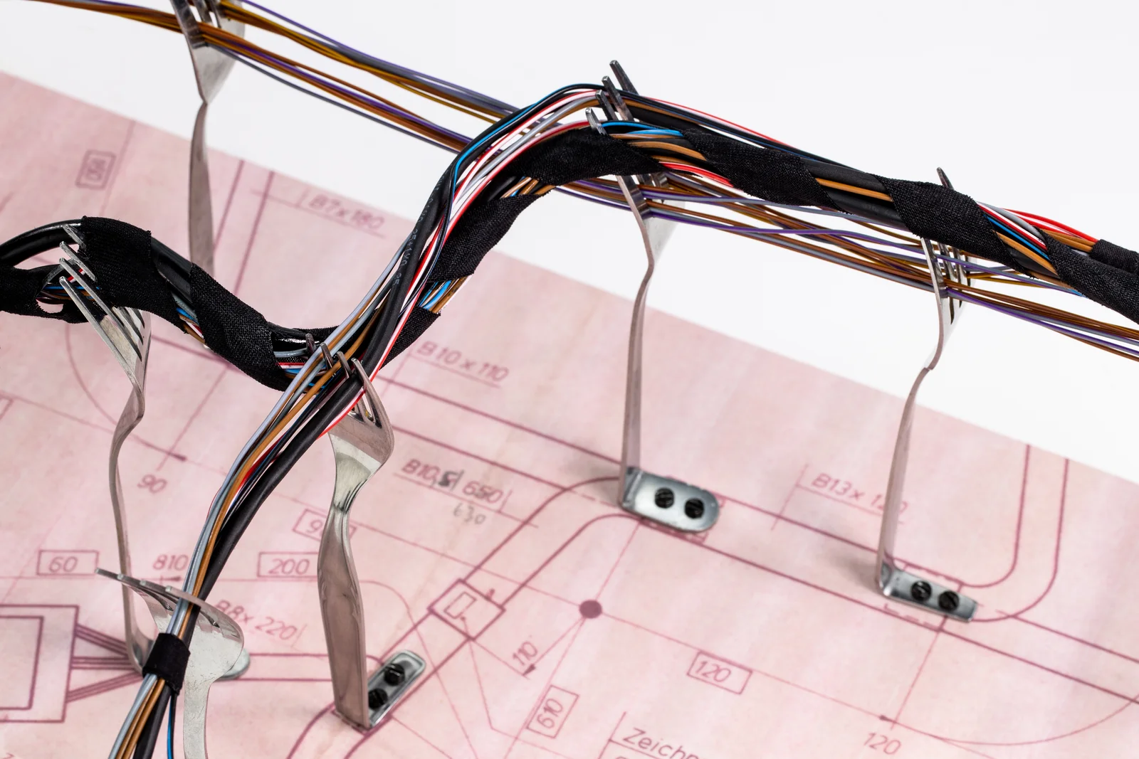 Eine Nahaufnahme, in der Kabel über sechs Gabeln gespannt werden. 