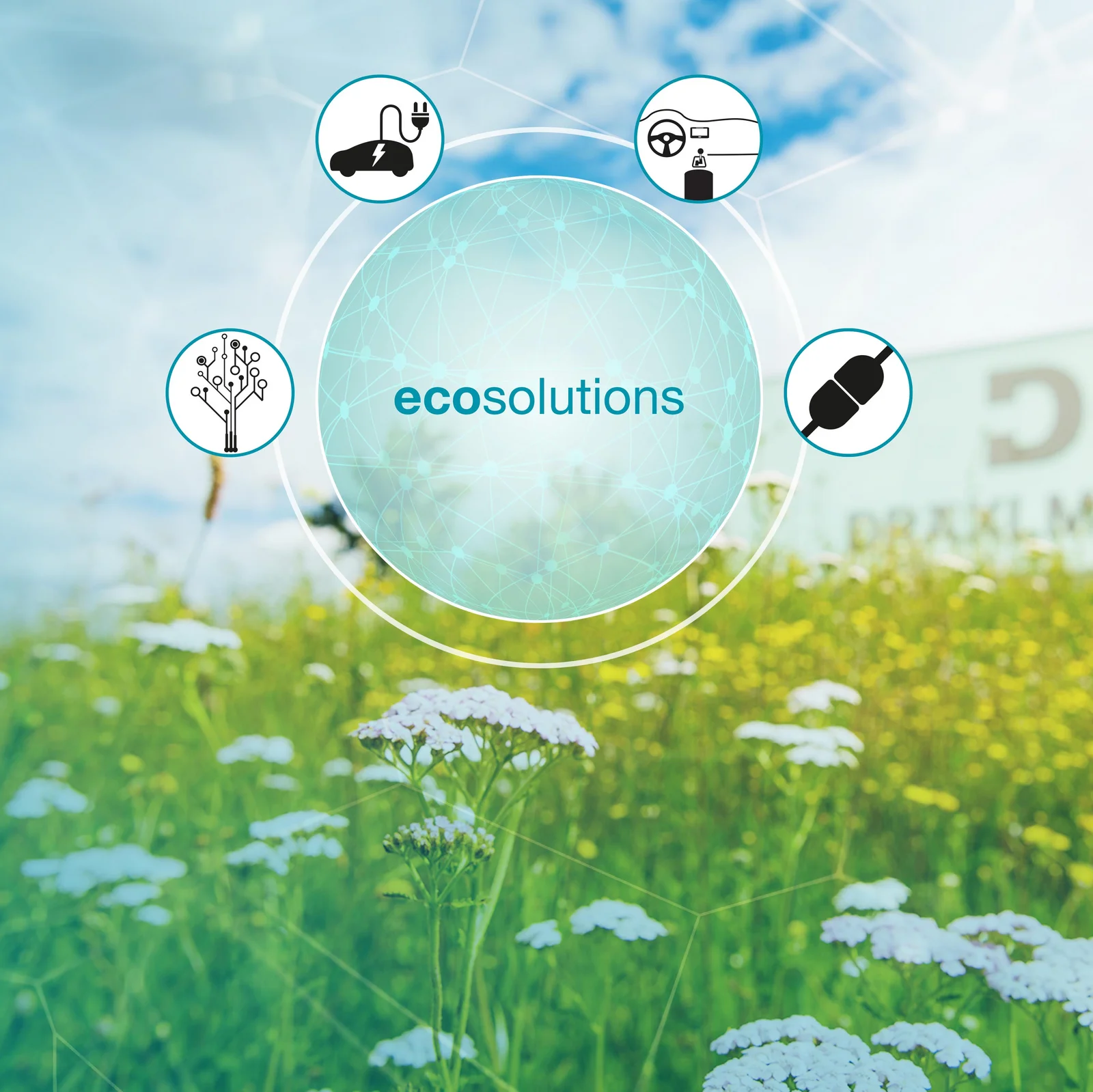 Eine Grafik zum Thema "Nachhaltige Lösungen" mit Symbolen für Energie, Mobilität und Digitalisierung vor Naturhintergrund.